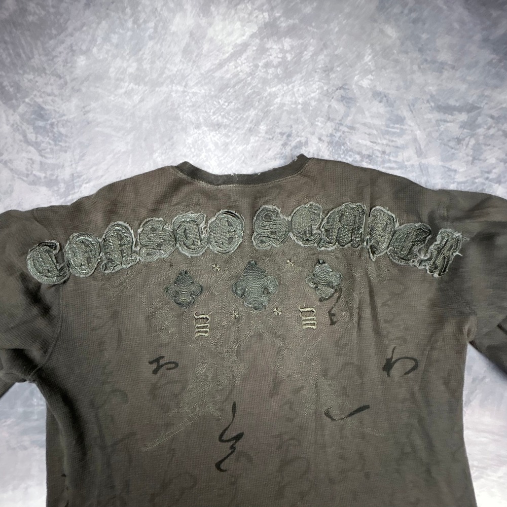 Monarchy Mens Large Thermal Long Sleeve Shirt Grunge Y2K Biker Applique Grey - Picture 6 of 8